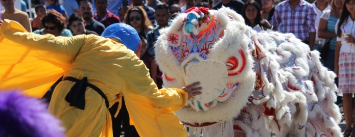 A Chinese dragon next to a performer.